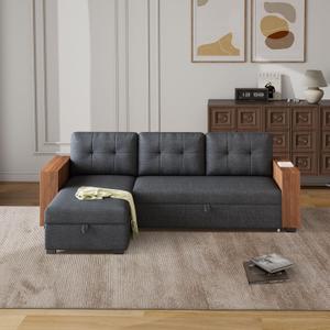 Ball & Cast 84" Sectional Sofa with Storage Chaise & Pull-Out Bed, L-Shape Sleeper Convertible Couch w/ 3 Removable Back Cushions for Living Room, Apartment, Bedroom, Office,Dark Grey