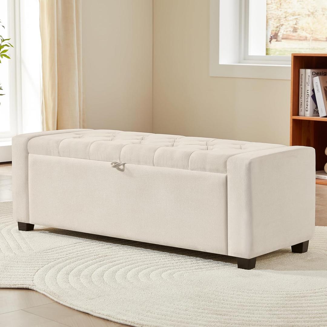 Royal Windsor Ottoman with Storage,Tufted Storage Bench with Safety Hinge,Holds up to 350 lb,Upholstered Bench with Seating for Bedroom, Living Room,Entryway,Linen Beige, 15.8"D x 43.3"W x 15.8"H