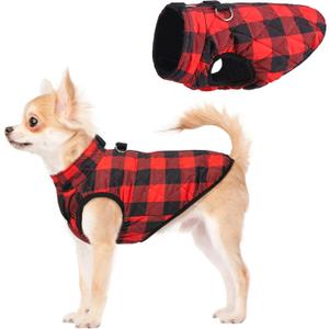 SCENEREAL Dog Winter Coat - Warm Dog Jacket with Built-in Harness for Small & Medium Dogs, Waterproof Cold Weather Coat with Zipper, Fleece Puffer Vest Windproof Snow Clothes for Puppy & Pet (S(Chest 14")-Regular, #2 Red Plaid-Gloss)