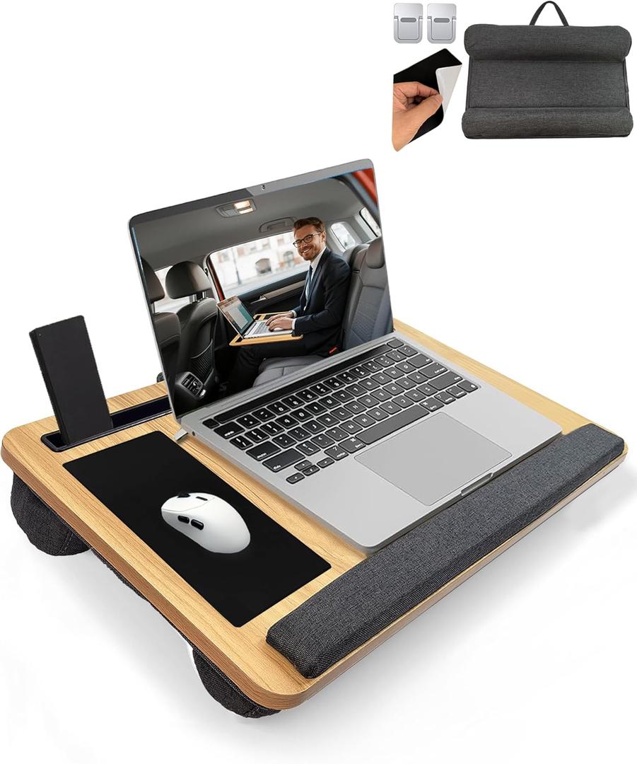 Lap Desk - Laptop Tray for Bed, Lapdesk with Cushion for Couch Sofa Fits up to 17.3 Laptop, Lap Table with Portable Handle,Self-Adhesive Mousepad with Foldable Metal Device Stand(Light Brown)