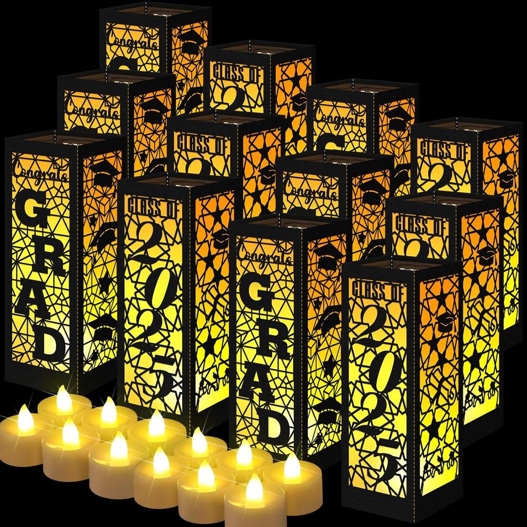 6 Pcs Graduation Table Centerpieces Boxes Class of 2025 Graduation Lanterns for Centerpieces with LED Candles Congrats Grad School College Party for Party Table Decoration (Black)
