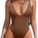ESONLAR One Piece Swimsuits for Women Sleeveless Low Back Swimwear V Neck Bathing Suits Brown M