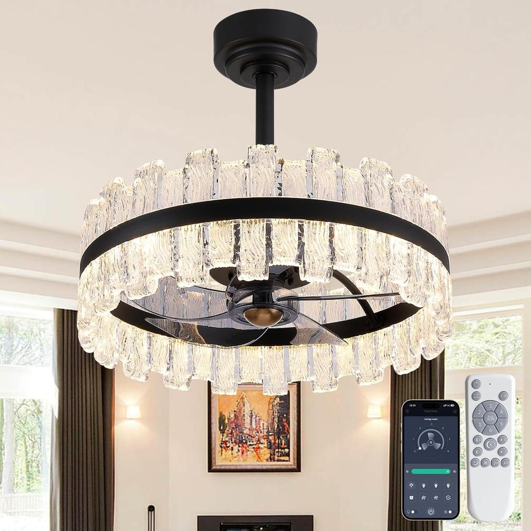 20'' Modern Caged Ceiling Fan with Light, Black Water Ripple Glass LED Flush Mount Ceiling Fan with Lights and Remote, 6 Speeds Enclosed Fandelier for Bedroom Dining Room Living Room,  Acrylic Shade