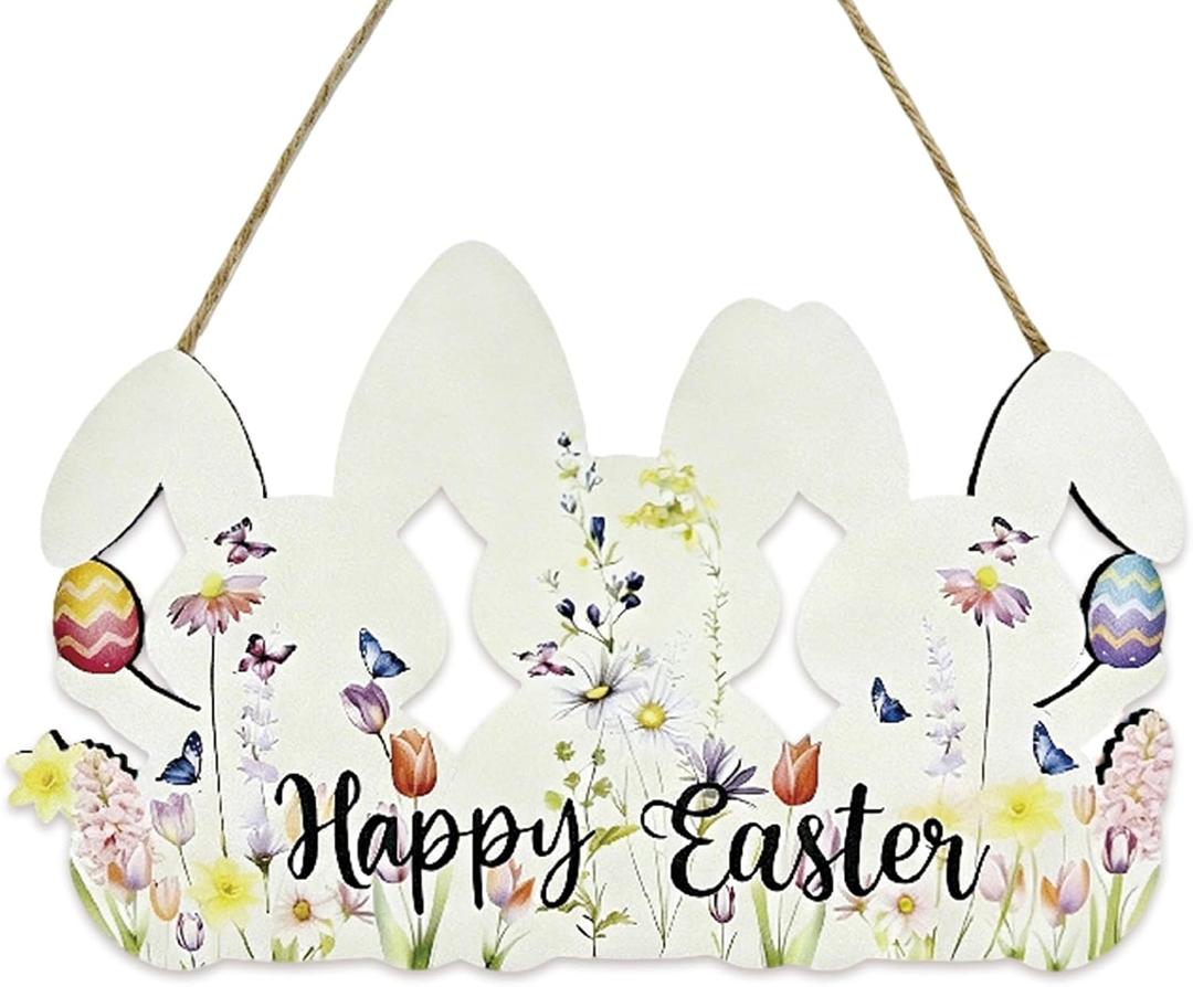 ASIJUNTYECHO Easter Door Decorations Sign for Front Door Wooden Sign Happy Easter Cute Bunny Welcome Hanging for Home Porch Wall Party Outdoor Indoor Decor