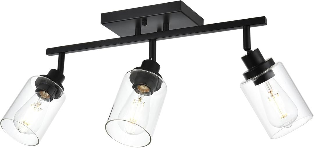 3-Light Track Lighting Kit Black Track Lighting Fixtures Bathroom Wall Sconces Ceiling Mount Kitchen Tracking Lights, Rotatable Spotlight with Clear Glass Shade for Kitchen Shop Hallway