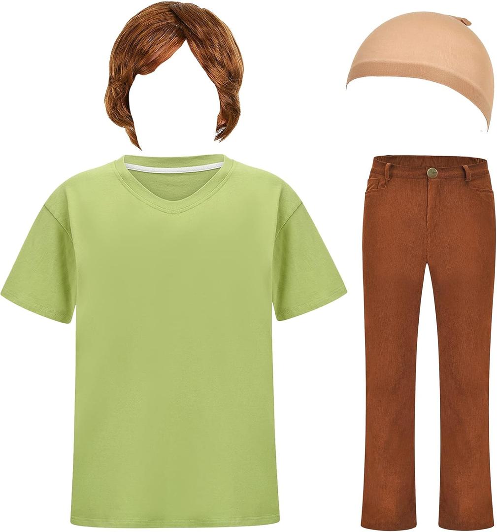 Halloween Deluxe Adult Costume for Men, Brown Wig, Green T-Shirt and Brown Pants (Large)