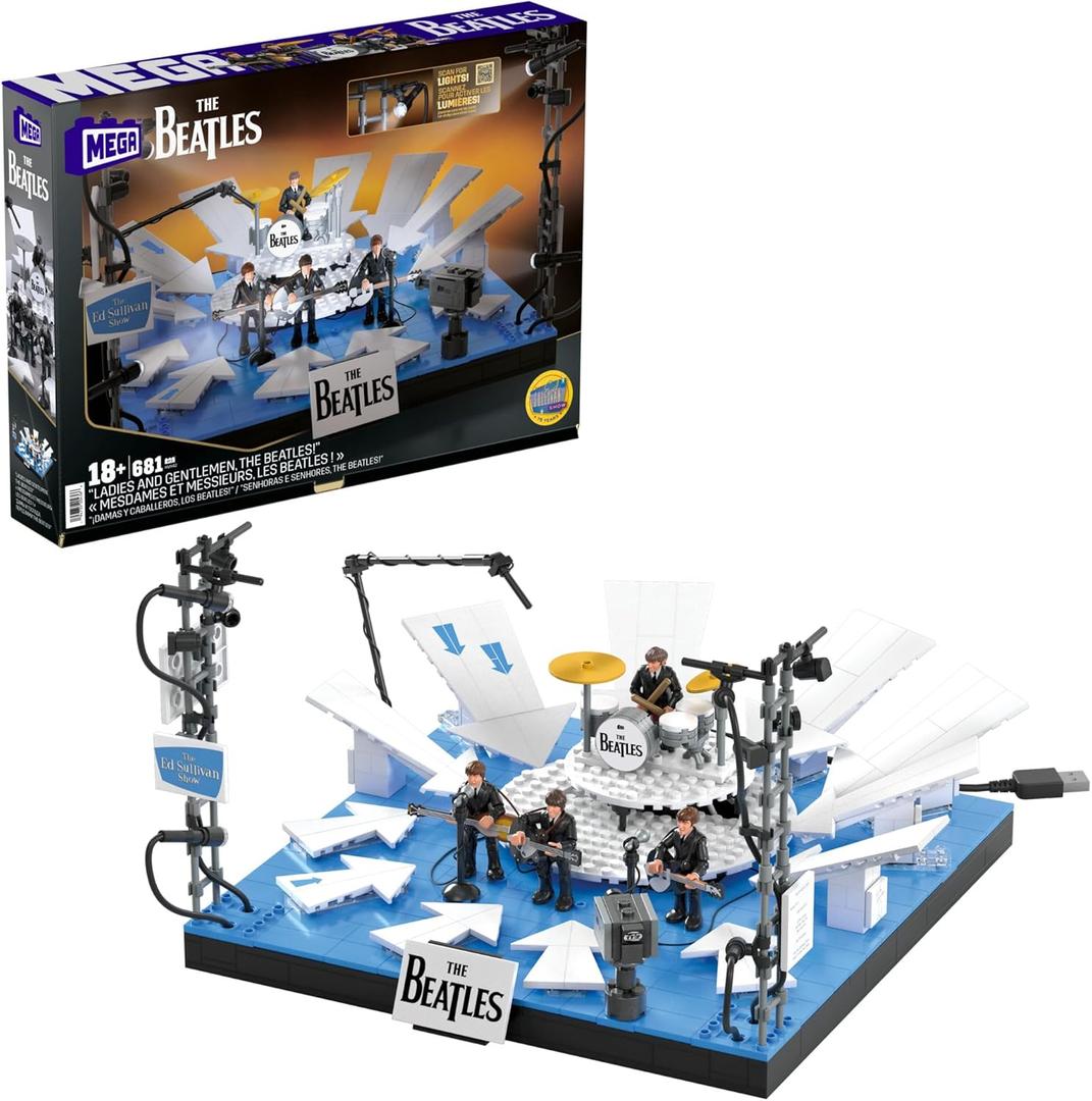 MEGA The Beatles Building Set with 681 Pieces, 4 Poseable Action Figures and Ed Sullivan Stage, with LED Lights, for Adult Collectors