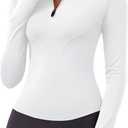 LOMON Womens Long Sleeve Workout Tops Quick Dry Quarter Zip Pullover Crop Yoga Athletic Slim Fit Shirts, White XL