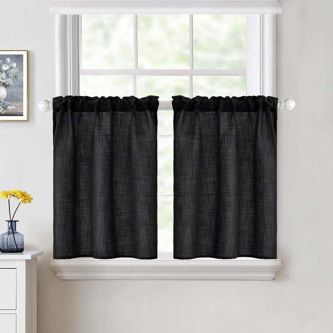 MIULEE Halloween Cafe Curtains 24 Inch Length Half Window Curtain Semi Sheer Farmhouse Short Linen Drapes for Kitchen Bathroom Basement Small Window, Rod Pocket Tier Curtains 2 Panels W26XL24, Black