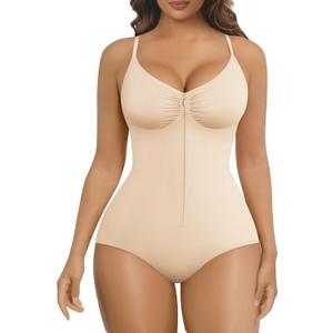 SHAPERX Women's Shapewear Bodysuit Tummy Control Seamless Zip-Up Body Shaper Waist Defining Body Suit (Beige Brief), S/M