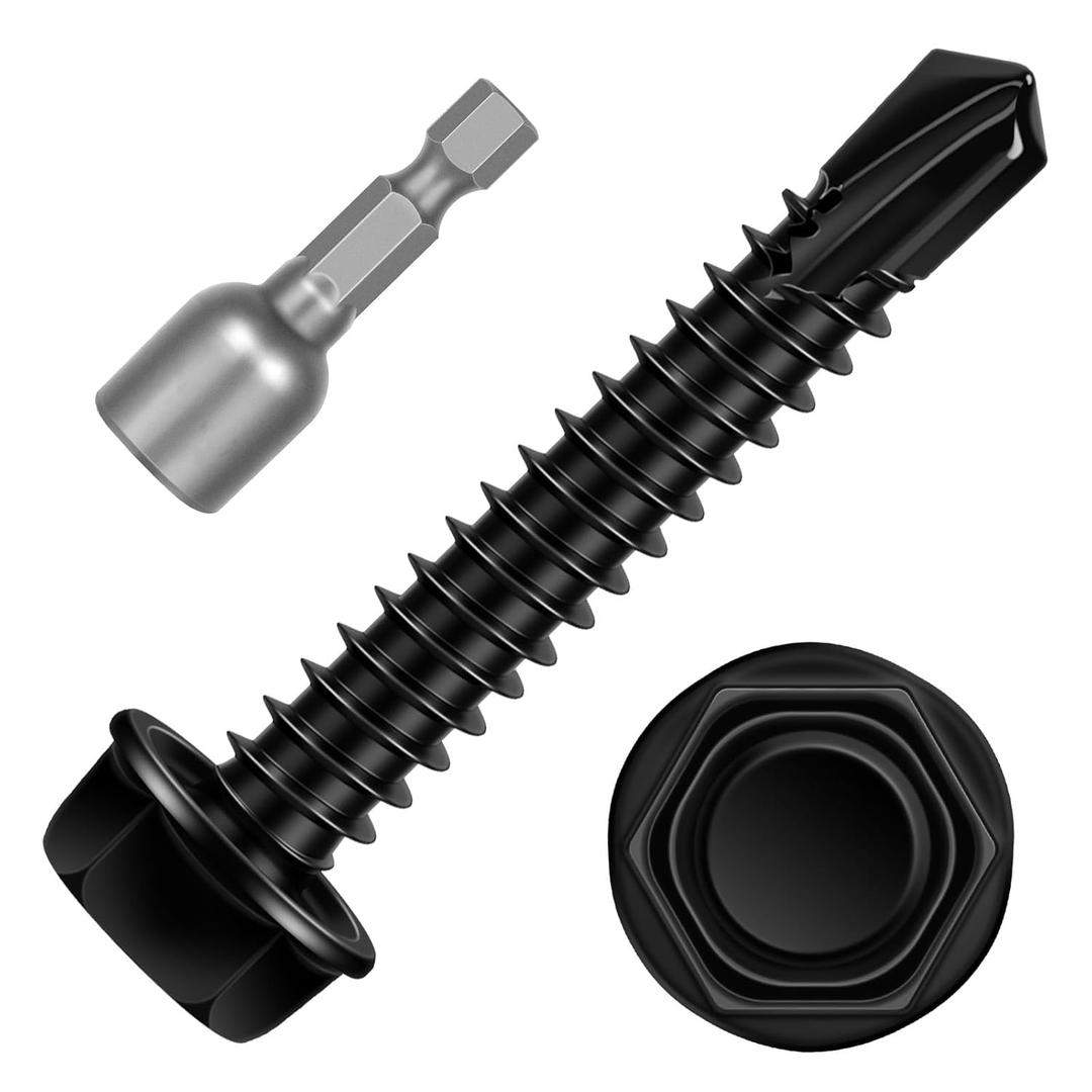 #14 x 1-3/4" Hex Washer Head Self Tapping Screws, TEK Screws, Self Drilling, Stainless Steel 410 Sheet Metal Screws, Black Finish, 50 PCS