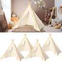 Windyun 4 Pcs Teepee Tent for Kids with Lights Cotton Linen Kid Sleepover Tent Foldable Sleepover Party Supplies for Girls Boys Toddler Slumber Party Indoor Outdoor (Beige White)