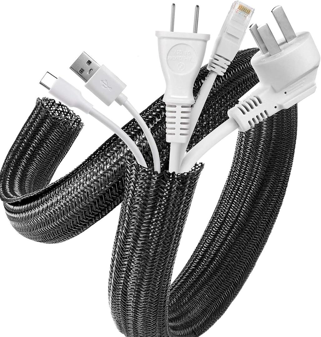 AGPTEK Cable Sleeve, 20ft - 1 inch Desk Cable Management Desk Cord Cover Organizer Wire Hider for Home Office Computer TV Wire Loom Tubing Pet Proof Cord Protector from Cat Dog Chewing, Black