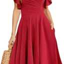 Women's Cocktail Dress Wrap V Neck Ruffle Short Sleeve A Line Work Formal Wedding Guest Midi Dress with Pockets (Red, S)