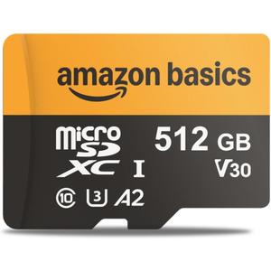 Basics 512GB microSDXC Card with Adapter for Tablets, Smartphones, Action Cameras, GoPRO, Drones, Full HD, Read Speed Up to 200MB/s, 1Pack
