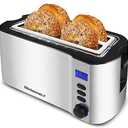 Elite Gourmet ECT4400B# Long Slot 4 Slice Toaster, Countdown Timer, 6 Toast Setting, Defrost, Cancel Function, Built-in Warming Rack, Extra Wide Slots for Bagel Waffle, Stainless Steel