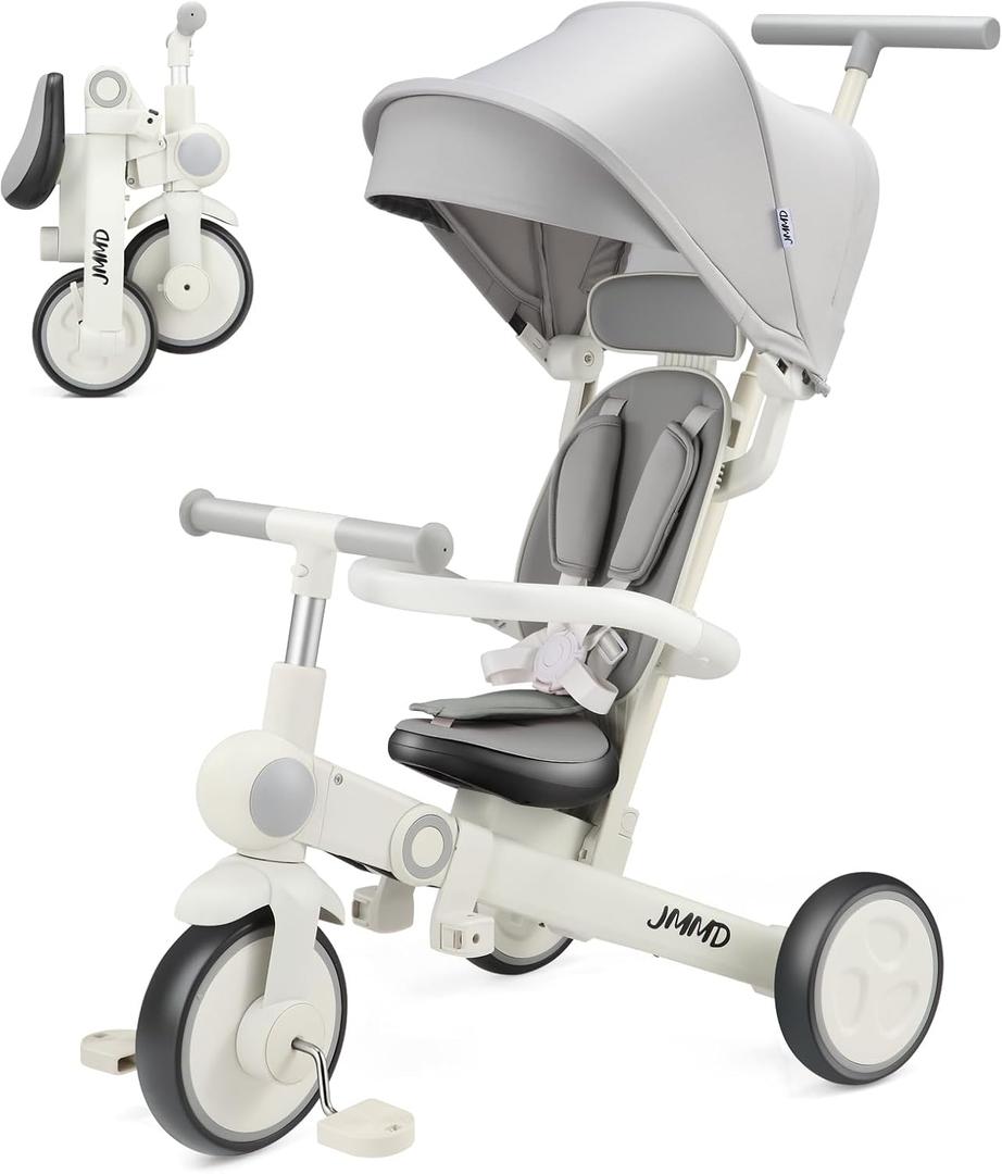 JMMD Baby Tricycle, 7-in-1 Multifunctional Kids Trike with Adjustable Parent Handle, Safety Harness & Wheel Brakes, Removable Canopy, Stroll Trike for Boys & Girls Ages 18 Months-5 Years, Gray, Medium