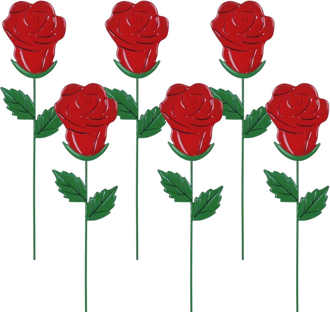 YEAHOME Valentines Day Decorations Outdoor, Set of 6 Rose Metal Flowers Decorative Garden Stakes for Valentines Day Decor, Lovely Yard Stakes for Home Lawn Pot Flowerbed Wedding Anniversary (Red)