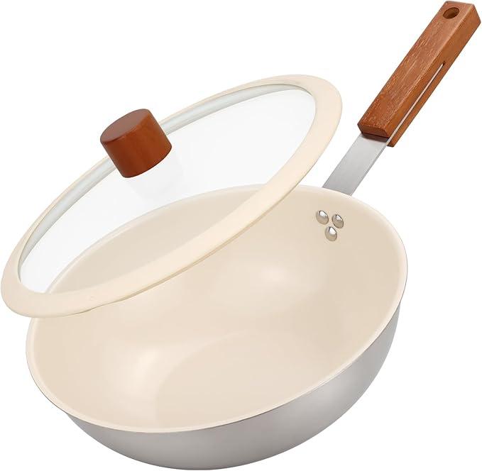 MARSKITOP Stainless Steel Wok Pan, Ceramic Nonstick Stir Fry Pan with Lid and Wooden Handle, 9.5 Inch Induction Wok, PFOA Free MARSKITOP Stainless Steel Wok Pan, Ceramic Nonstick Stir Fry Pan with Lid and Wooden Handle, 9.5 Inch Induction Wok, PFOA Free