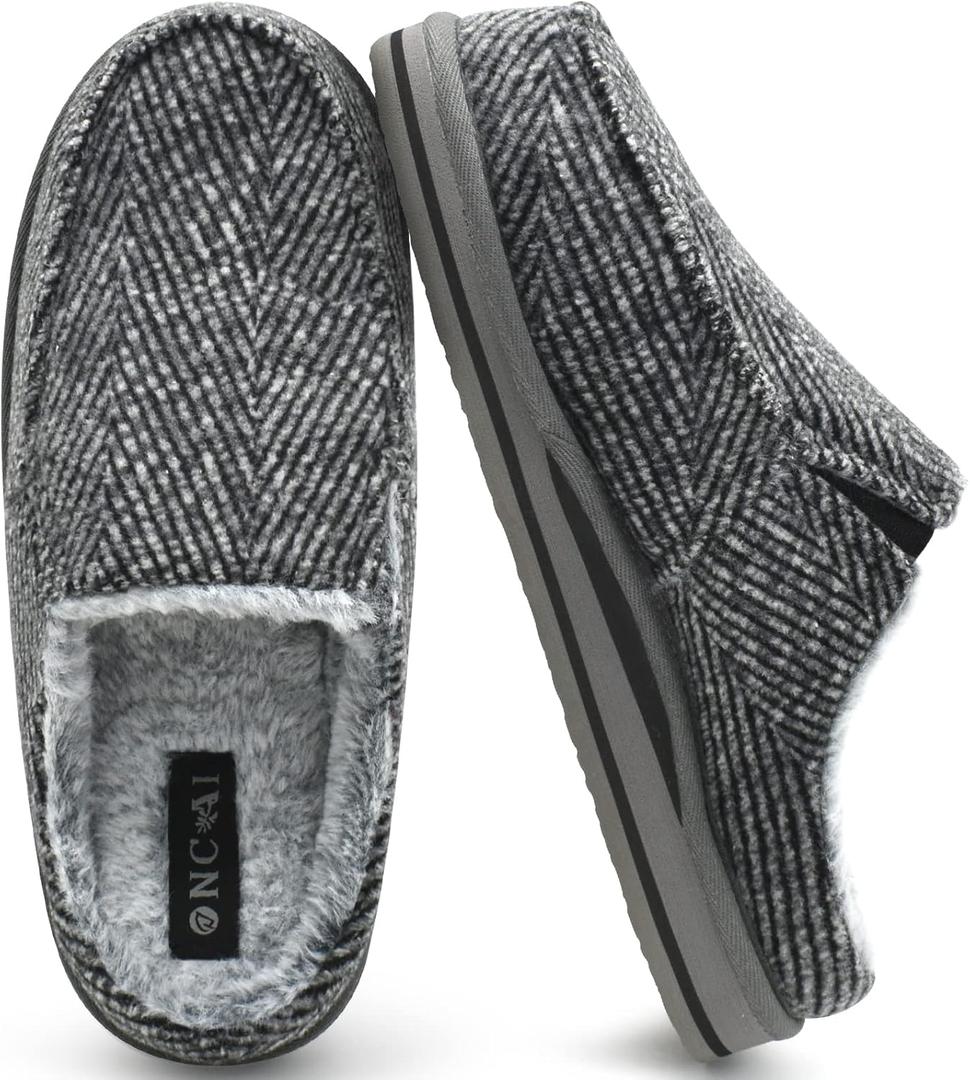 ONCAI Mens Clog Slippers with Arch Support Stripe Faux Fur Cotton-Blend High-Density Memory Foam Warm House Slippers Slip-on Indoor Outdoor Rubber Sole Size 7-16 (11, Grey)