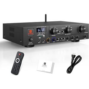 Vangoa Home Audio Amplifier Stereo Receivers with Wireless 800 Max Power 5.1 Channel Power Amplifier Stereo System with USB, SD, FM, 2 Mic, RCA, 3-Band EQ, Speaker Selector for Studio, Home Theater