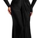 ChiaoLezhee Floor-Length Bodycon Dress, Boat-Neck Ruched, Fall Long Sleeve, Semi-Formal Cocktail Evening-Gowns for Women, L