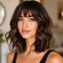 Brown Highlight Wig with Bangs for Women Short Wavy Curly Brown Bob Wigs Medium Length 14 inch Synthetic Hair for Daily Party Use (Brown Mix Blonde)
