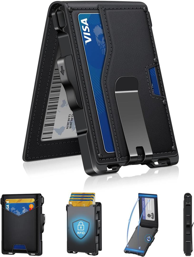 Wallet for Men, Minimalist Slim Mens Wallet with Money Clip, RFID Blocking Smart Pop Up Card Wallet with ID Window, Compact Bifold Wallet,Metal Aluminum Credit Card Holder (Black)