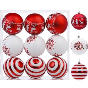 SHareconn 9ct 3.94 Inch Christmas Tree Balls Ornaments, Colored Shatterproof Plastic Decorative Baubles for Xmas Tree Decor Holiday Party Wedding Decoration (Red & White, 10cm)