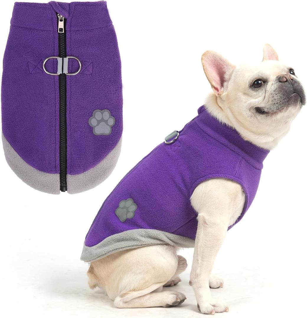Mihachi Dog Fleece Vest Sweater Zip Up Warm Pullover Step-in Dog Jacket with Dual D-Ring Leash, Winter Cold Weather Reflective Coat Clothes Hoodie for Small Medium Dogs Puppy Cat Boy Girl, Purple M (Medium(Chest: 17", Neck: 14", Back: 12"))