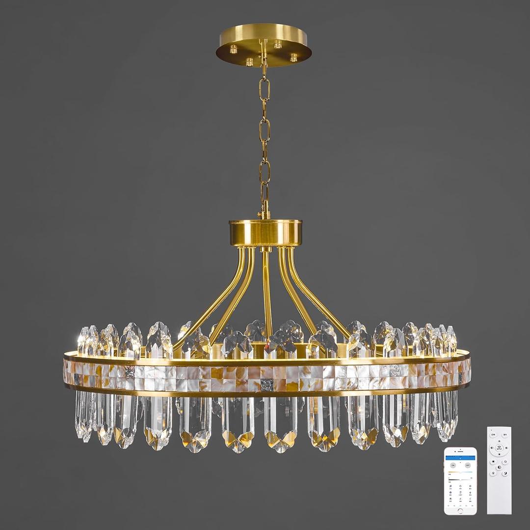 Gold Round LED Crystal Chandelier for Dining Room - 21.6" Luxury 3 Colors Stepless Dimmable Chandeliers,Modern Adjustable Height Pendant Ceiling Light Fixture for Living Room Foyer With Remote Control