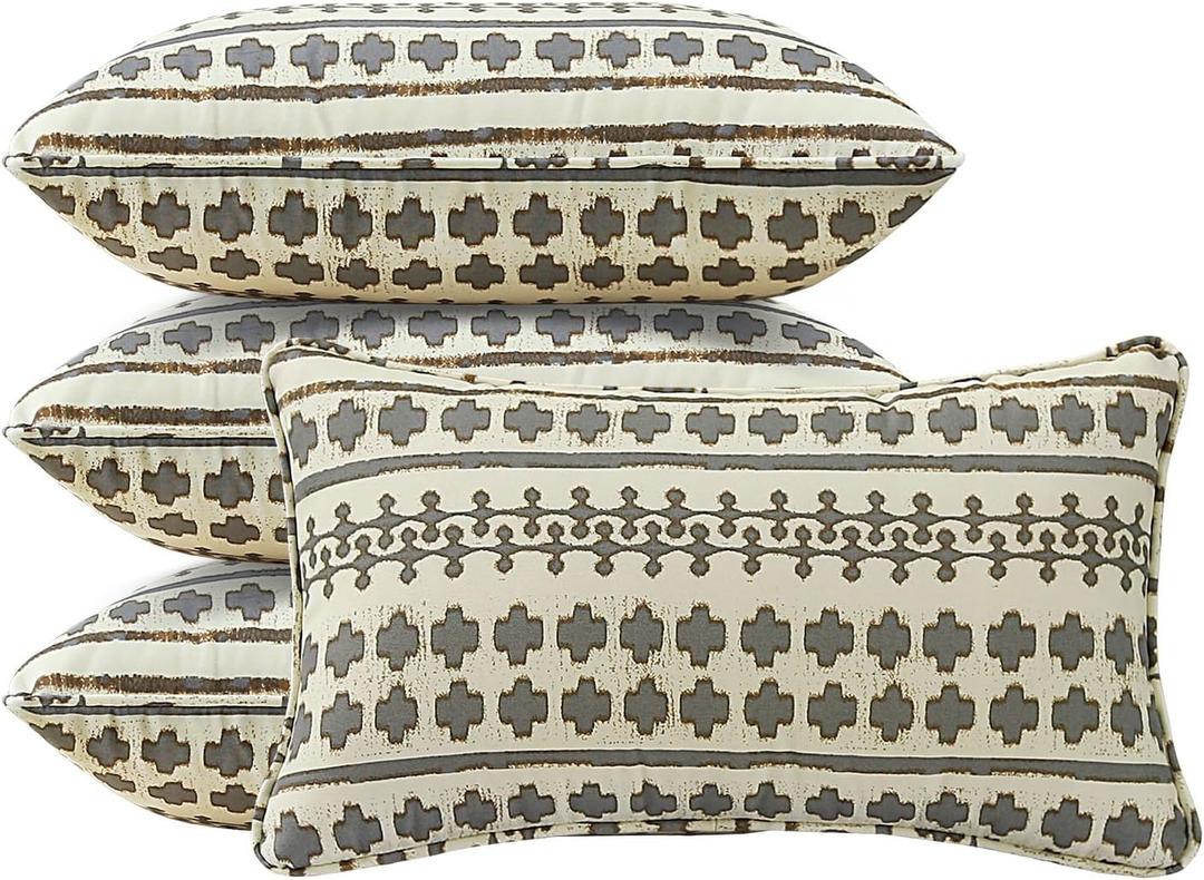 4 Pack Outdoor Water Repellent Throw Pillows 20x12 Inch with Insert, Decorative Square Patio Pillows for Home Garden Couch Balcony, Grid Weave