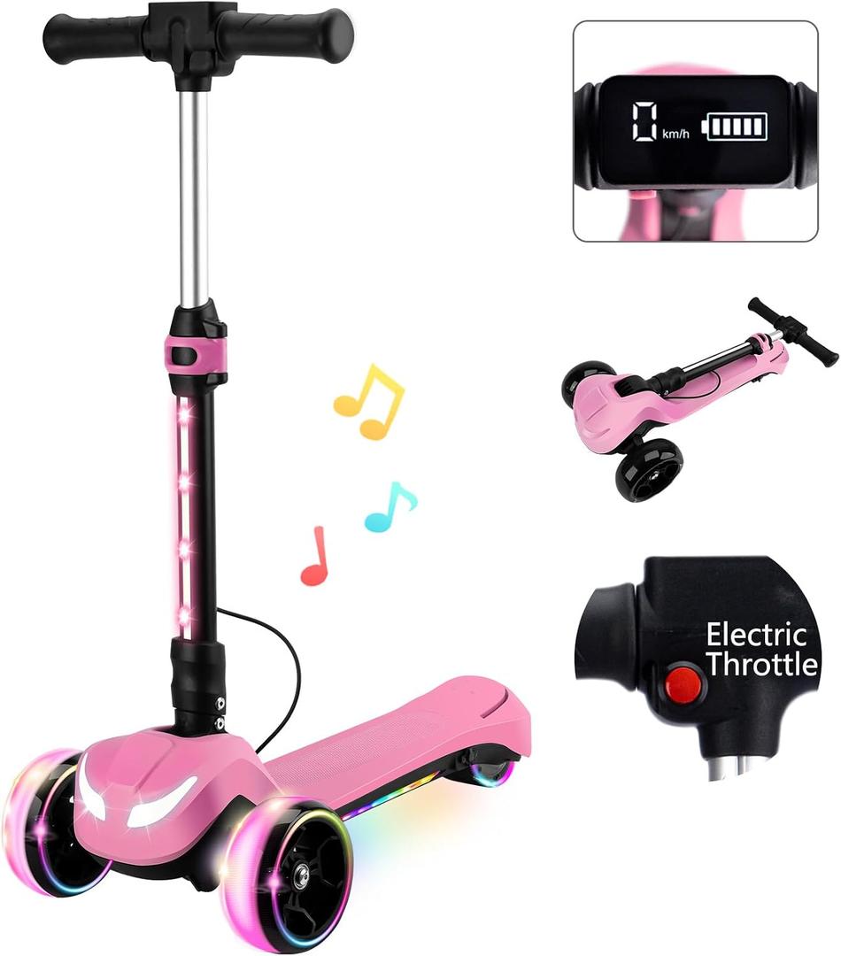 24V Electric Scooter for Kids w/150W Powerful Motor, Thumb Throttle, LCD Screen, Bluetooth, Light-Up Stem Deck & Wheels, 3 Adjustable Heights, 5MPH Safe Speed, 3 Wheel Electric Scooter for Kids