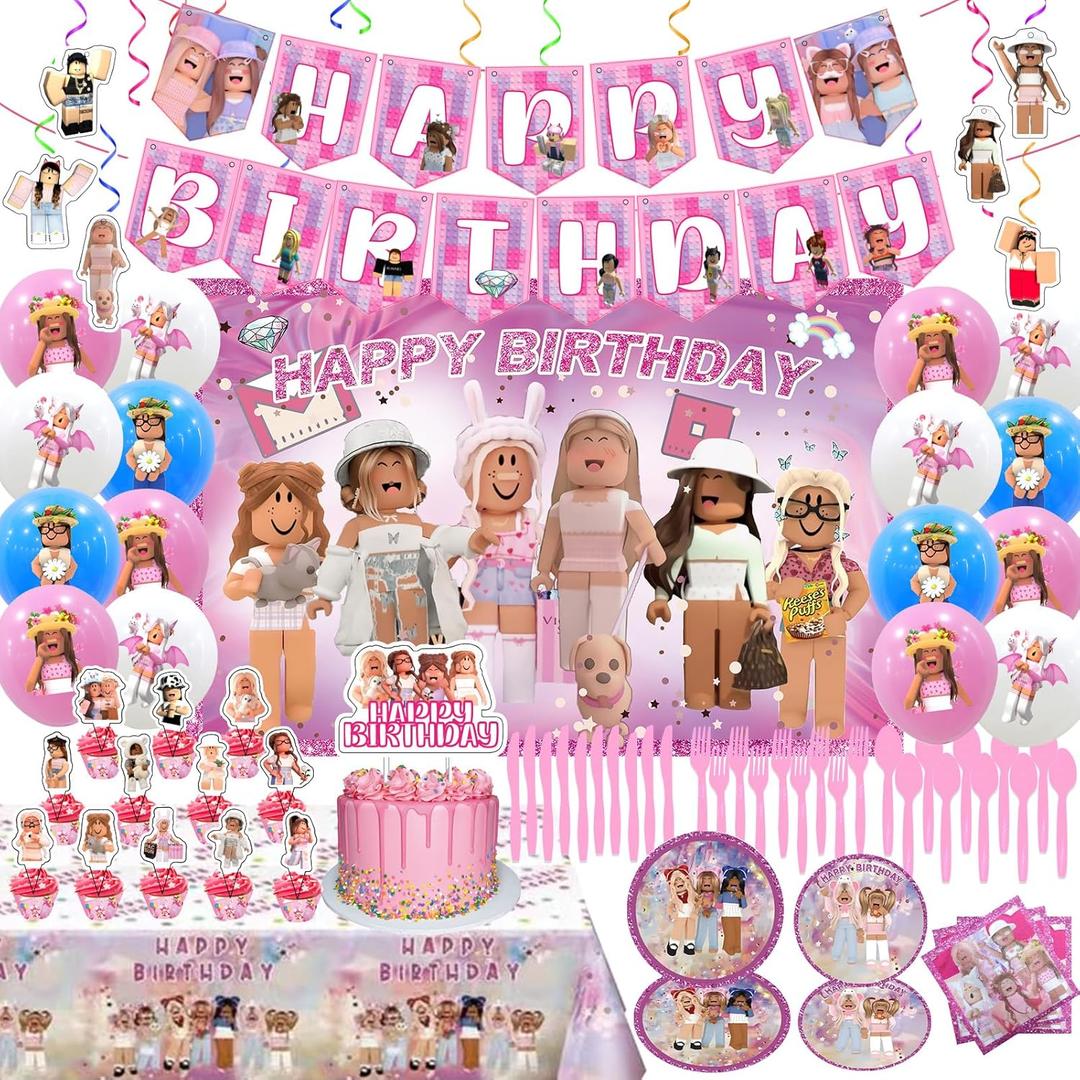 Birthday Party Decorations - Theme Children's Party Supplies Included Happy Birthday Banner, Backdrop, Hanging Swirls, Tablecloth, Cupcake Cake Toppers, Plates, Tableware, Napkins, Balloons