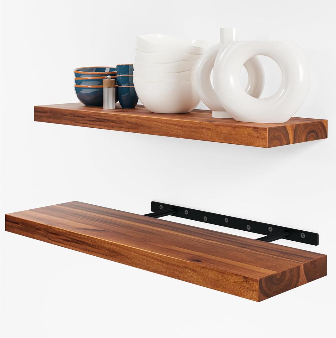 BATODA Set of 2 24" Acacia Wood Floating Shelves Wall Mounted  Rustic Farmhouse Wooden Wall Storage Shelf for Bedroom, Kitchen, Home Dcor - Brackets and Shelving Hardware Included (24 Inch)