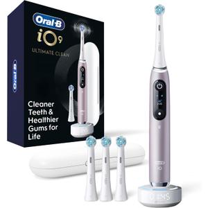 Oral-B iO Series 9 Limited Rechargeable Rose Quartz Electric Toothbrush with (2) Ultimate Clean and (1) Gentle Care Replacement Brush Heads, White, Travel Case-White and Charger