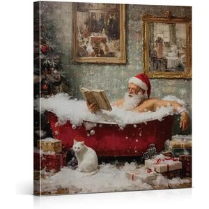 Funny Christmas Bathroom Canvas Wall Art Framed Santa Claus Reading in Bathtub Poster Painting Wall Decor Xmas Cat Picture Artwork for Bathroom Washroom Toilet Decoration, 8x10 Inch