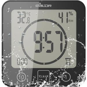 Digital Bathroom Shower LCD Wall Clock with Suction, Waterproof Temperature Humidity Gauge, Touch Screen Timer, Large Countdown Timer (Black)