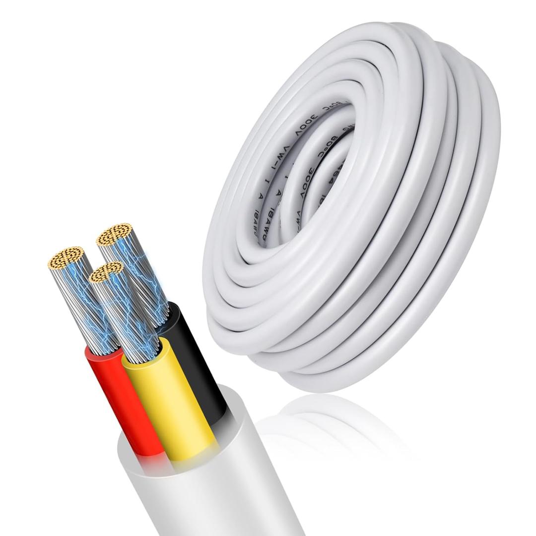16 Gauge 3 Conductor Electrical Wire, 16.4FT Low Voltage 16/3 Tinned Copper Stranded 3 Wire Cable, 16 AWG White Flexible Extension Power Cord for Automotive, LED Lamp, Outdoor Landscape Lighting Etc