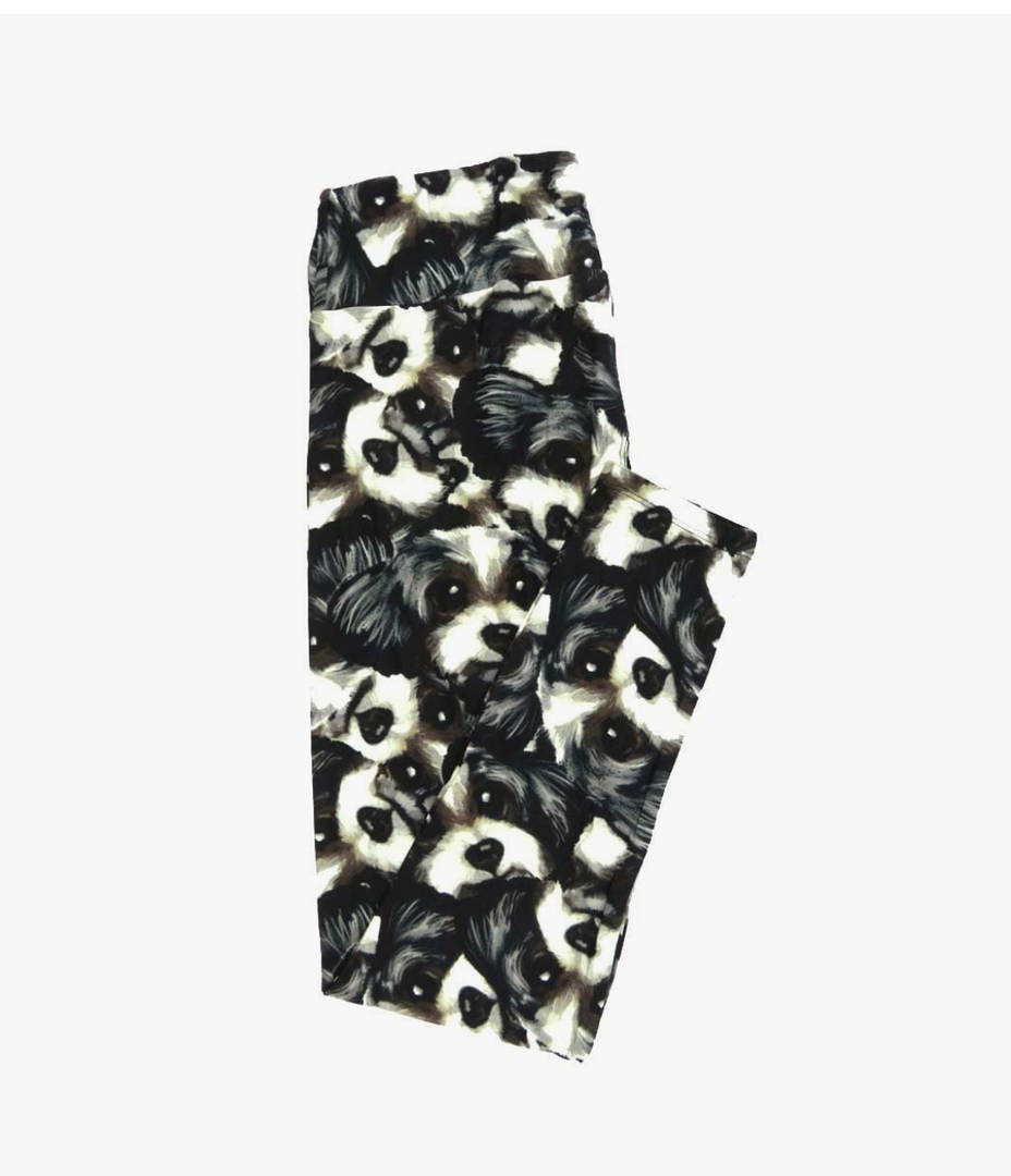 Lularoe Tall Curvy (TC fits Sizes 12-18) Puppy Dog Faces Black Gray White Buttery Soft Adult Leggings, Pack Of 4