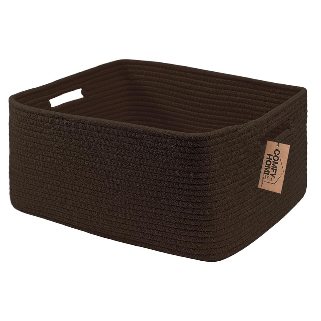 COMFY-HOMI Cotton Rope Woven Basket with Handles for Shelves,Toys,Book, Cloth Storage Baskets for Organizing-17" x 13" x 7.5" Toy Decorative Organizer for Living Room, Bathroom dark brown