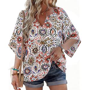 Womens Boho Tops 3/4 Sleeve V Neck Cotton Tunic Flowy Shirt – Casual Loose Fit Summer Bohemian Peasant Blouse, Size: L