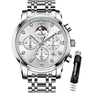 OLEVS Watch for Men Diamond Business Dress Analog Quartz Stainless Steel Waterproof Luminous Date Two Tone Luxury Casual Wrist Watch Blue (Silver watch 3655)