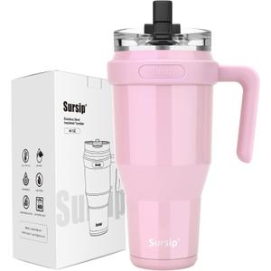 Sursip 40oz Insulated Tumbler with Handle and Flip Straw,Stainless Steel Travel Mug 2 in 1 Straw Lid-Leak Proof Keeps Drinks Cold for 24 Hours-Sweat Proof,Fit in Cup Holder-Pink