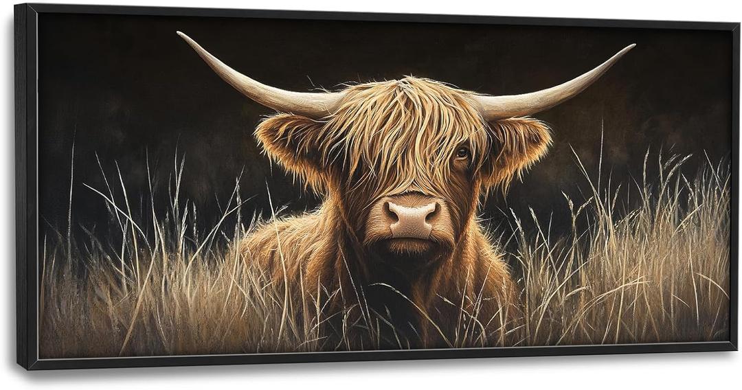 Large Highland cow Framed Wall Art Farmhouse Highland Cow Canvas Wall Decor Cattle Pictures Print Painting Artwork Modern Home Decorations for Living Room Bedroom Office 60 x 30 inch