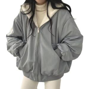 Sumleno Sherpa Jacket for Women Teen Girls Reversible Y2k Zip Up Hoodie Fleece Fur Grunge Winter Coat Cutecore Korean Clothes (Blue, M)