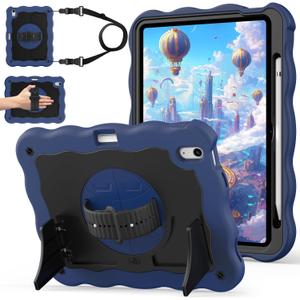 ZoneFoker for iPad A16 11th Generation 2025 / 10th Gen Case 2022, for 11 Inch / 10.9 Inch iPad Case Heavy Duty Cover Shockproof with Pencil Holder [360 Rotate Strap] & Stand, Navy Blue