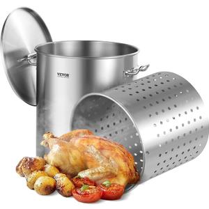 VEVOR Stainless Steel Stockpot, 64 Quart Large Cooking Pots, Cookware Sauce Pot with Basket, Lid, and Handle, Heavy Duty Commercial Grade Stock Pot, Sanding Treatment, for Large Groups Events Silver (63.9 Quarts)