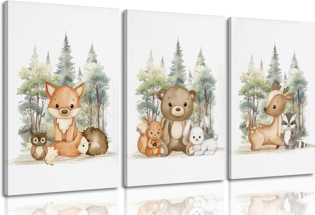 3 Pcs Nursery Woodland Animals Canvas Wall Art Fox Bear Deer Painting Picture Wall Decor Cute Wild Animals Poster Print Artwork For Baby Bedroom Kids Room Home Decoration (12inx16in Framed)