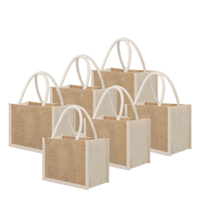 Reginary 16 Pcs Jute Tote Gift Bags Natural Burlap Grocery Shopping Bag Beach Tote with Handle for Bridesmaid Wedding Travel (Whit Trim)